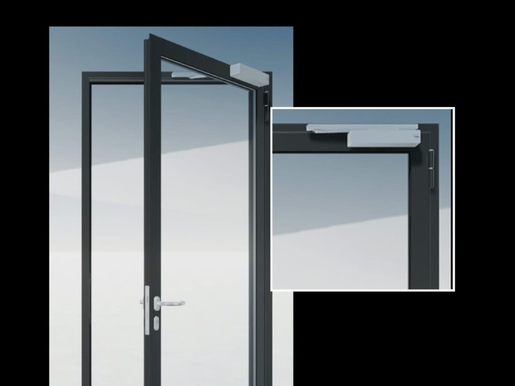 Porte en acier Jansen à ferme-porte en applique, détail officiel du fabricant