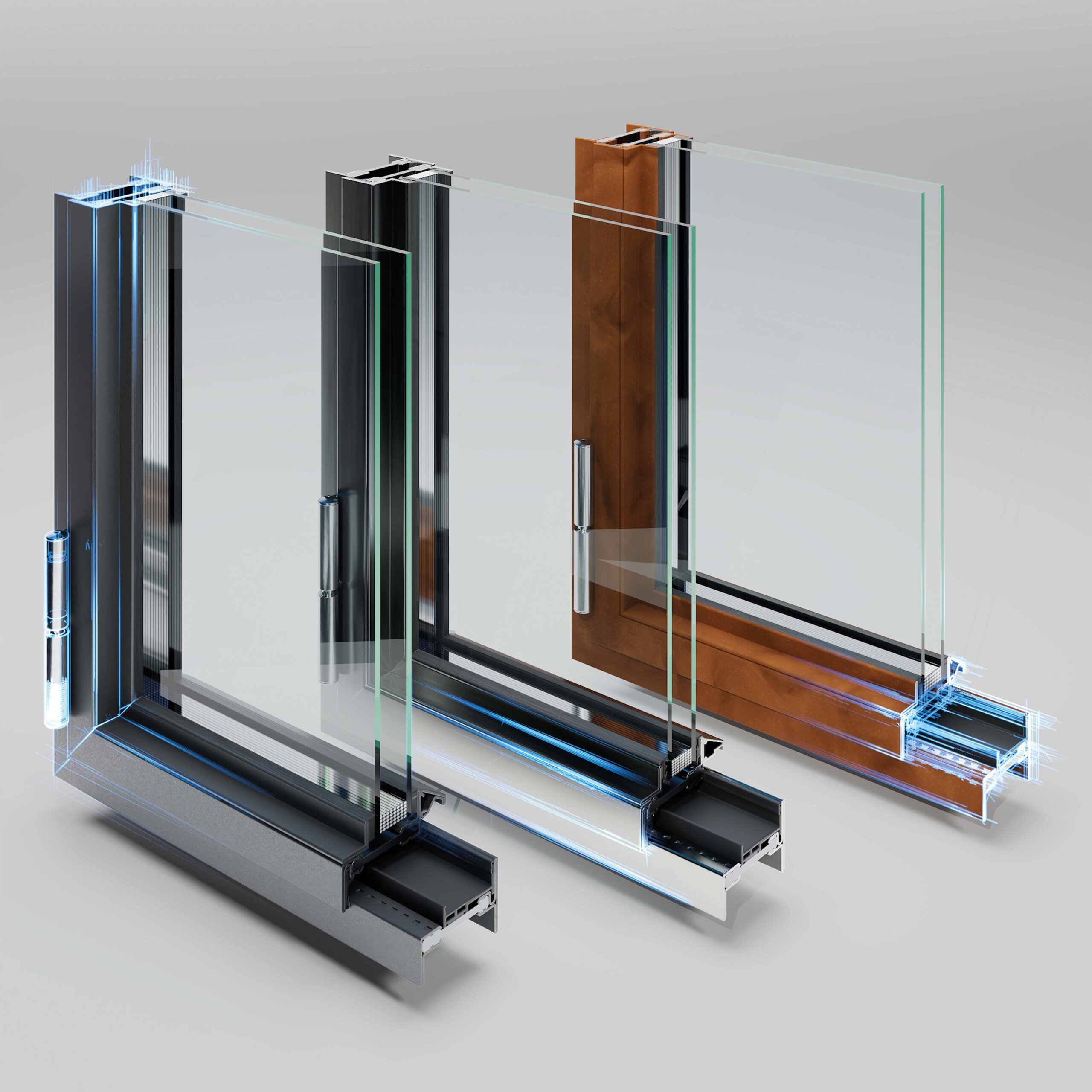 Profilés Jansen Janisol Arte 2.0 en trois finitions : acier thermolaqué anthracite, acier noir et Corten