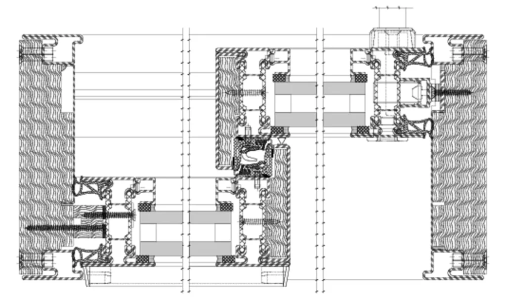 Coupe de détail sur le système de porte levante-coulissante Jansen Janisol Arte 66, plan technique officiel Jansen