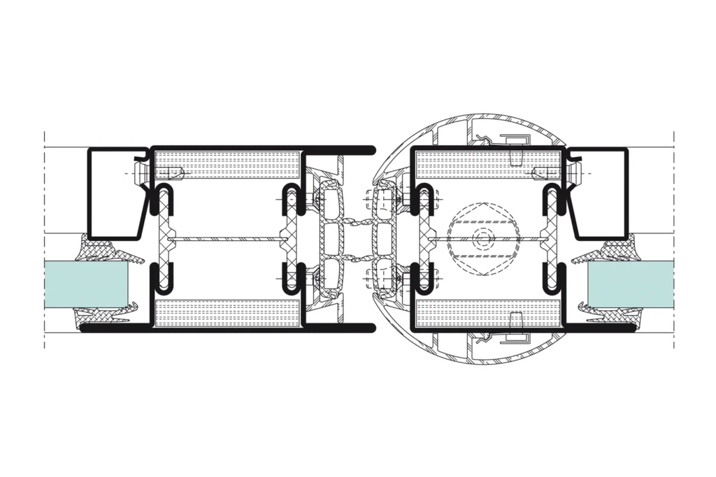 Coupe de détail sur le système de porte anti-pince-doigts EI30 Jansen Janisol 2, plan technique officiel Jansen