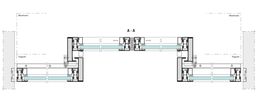 Coupe de détail sur le système de porte coulissante coupe-feu EI30 Jansen Janisol 2, plan technique officiel Jansen