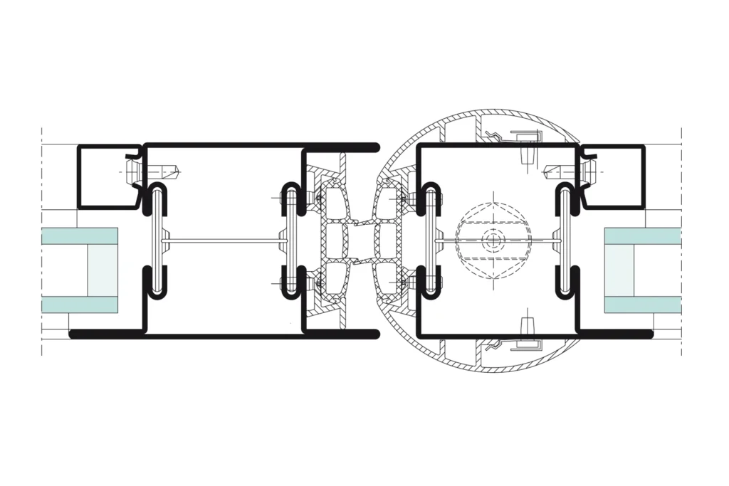 Coupe de détail sur le système de porte anti-pince-doigts Jansen Janisol, plan technique officiel Jansen