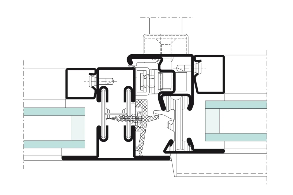 Coupe de détail sur le système de fenêtre Jansen Janisol, plan technique officiel Jansen