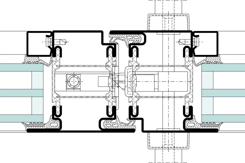 Coupe de détail sur le système de porte Jansen Janisol HI, plan technique officiel Jansen