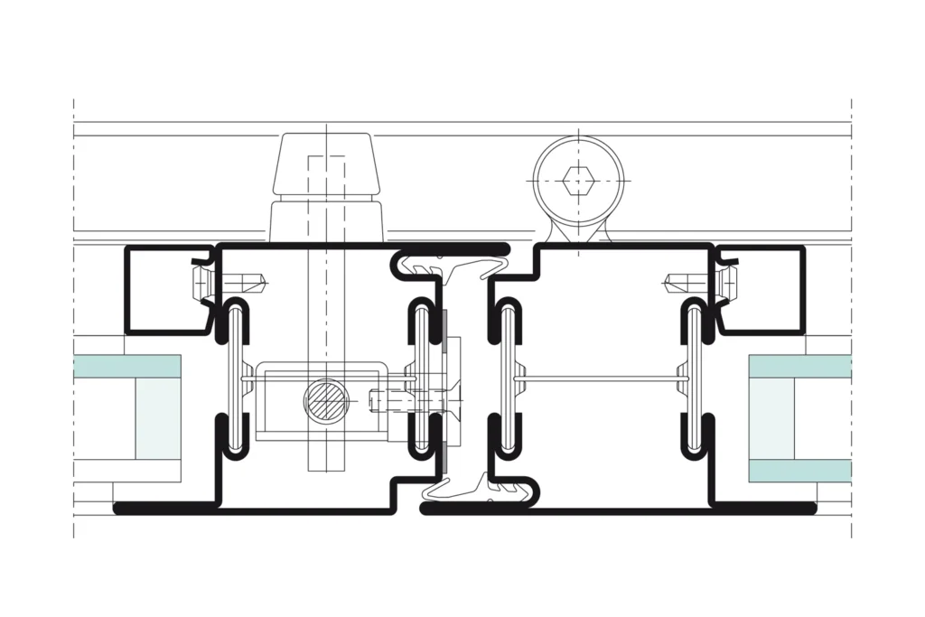 Coupe de détail sur le système de cloison pliante Jansen Janisol, plan technique officiel Jansen