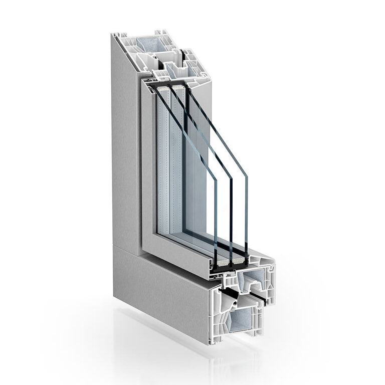 Kömmerling 76 MD AluClip Zero – coupe d’angle avec capotage aluminium affleurant, rendu officiel