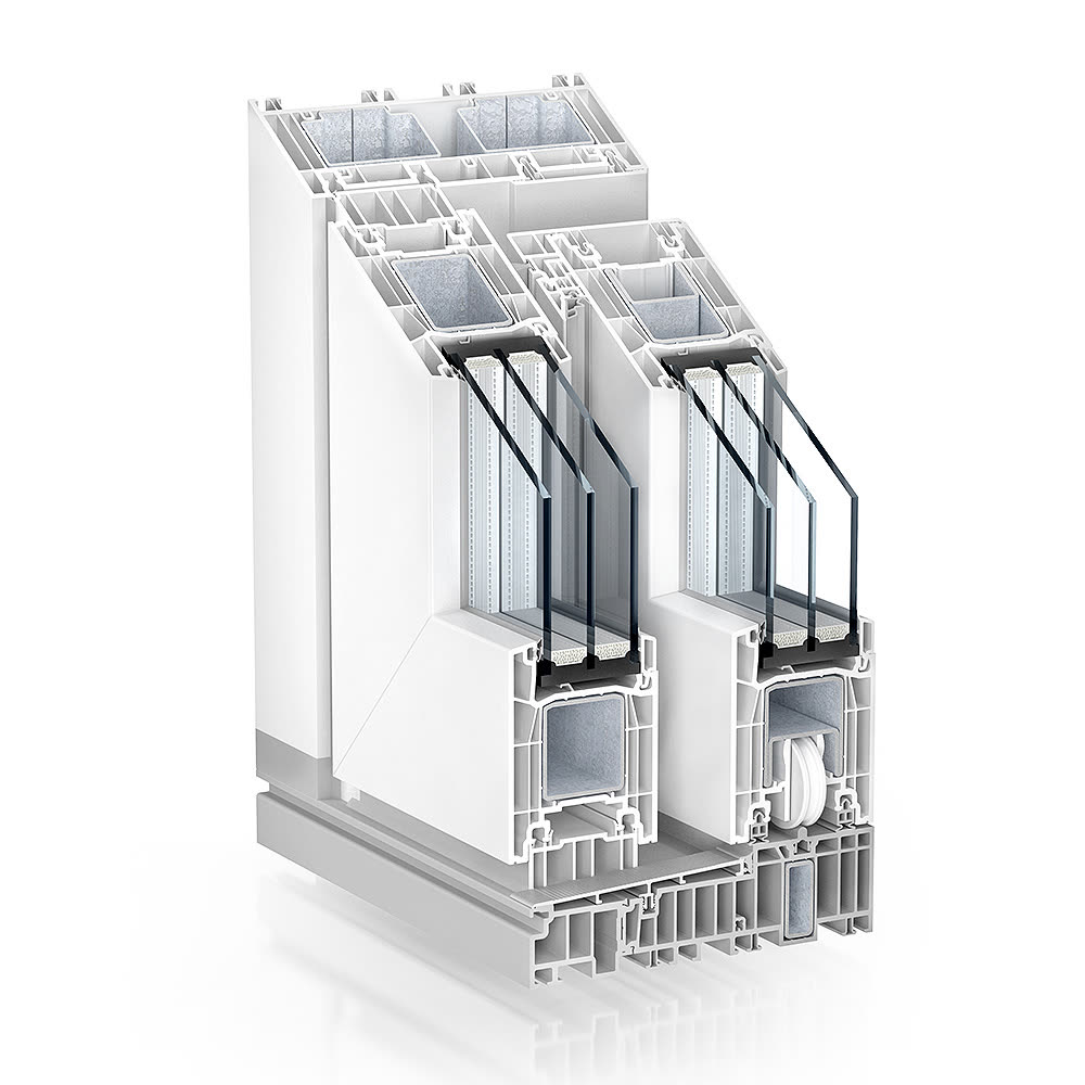 Kömmerling PremiDoor 76 – coupe d’angle du coulissant à levage, visuel officiel