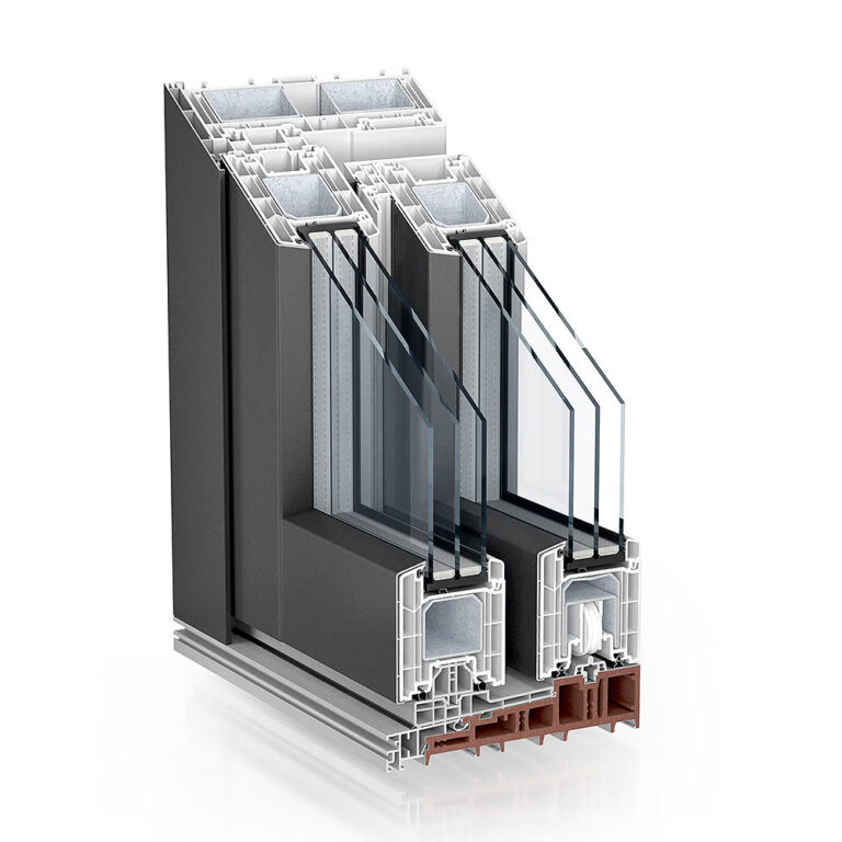 Kömmerling PremiDoor 88 AluClip – coupe d’angle avec capotage aluminium, rendu officiel