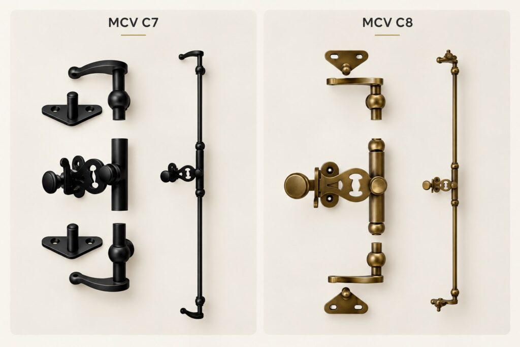 Ensembles de crémone décorative MCV C7 et C8, avec béquille, rosace et tige
