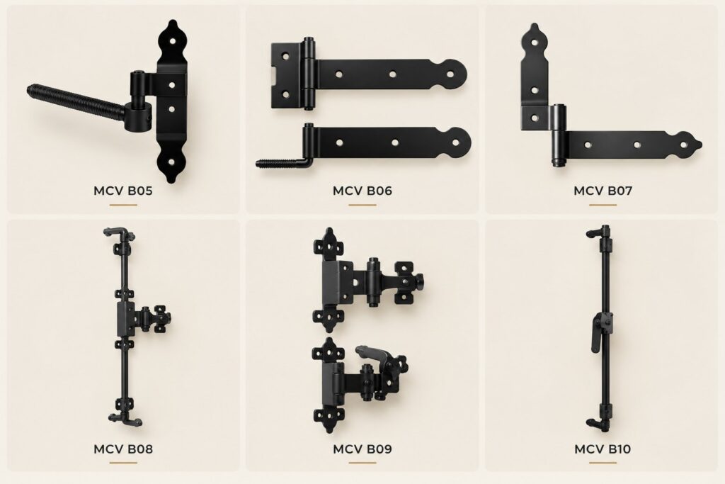 Quincaillerie pour volets en bois MCV B05-B10 : pentures, tirants, verrous et arrêts