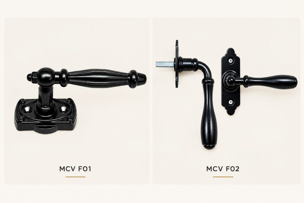 Poignées de fenêtre décoratives MCV F01 et F02, à carré de manœuvre