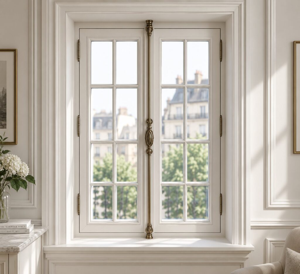 Fenêtre à gueule de loup en bois, blanche, à deux ouvrants, petits-bois et crémone posée à l’intérieur
