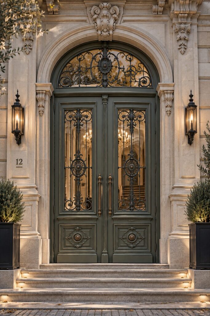 Porte en bois réalisée sur projet pour un bâtiment patrimonial, à panneaux et mouluration reproduits d’après l’original