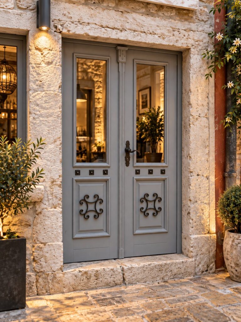 Porte extérieure en bois à panneaux décoratifs et partie vitrée, réalisée sur projet