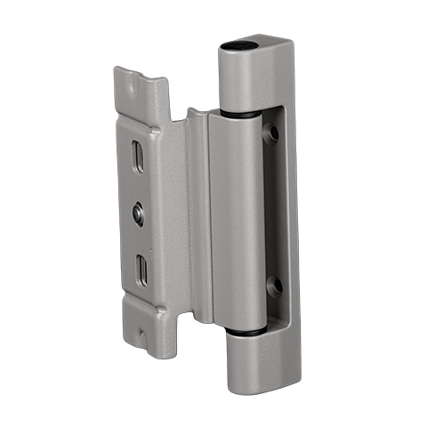 Paumelle cylindrique pour portes PVC, rouleau visible sur le chant de la porte et platine de fixation sur le dormant
