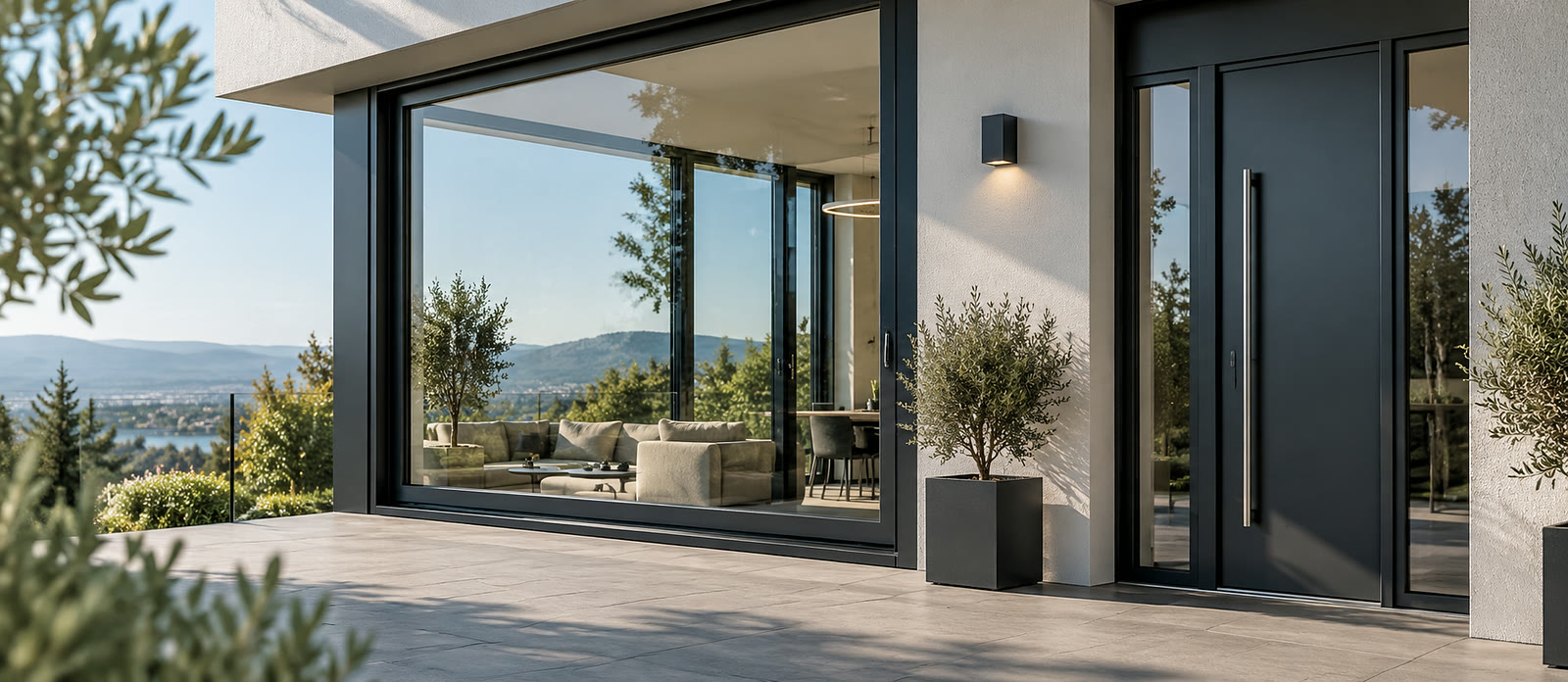 Grande surface vitrée en aluminium et porte d’entrée à profilés anthracite, sur la terrasse d’une maison contemporaine