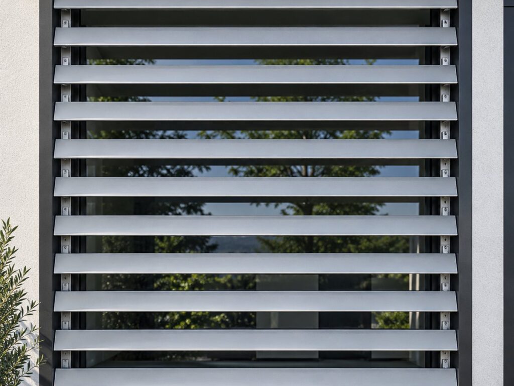 Claustra à lames fixes en aluminium, en seconde peau devant un vitrage