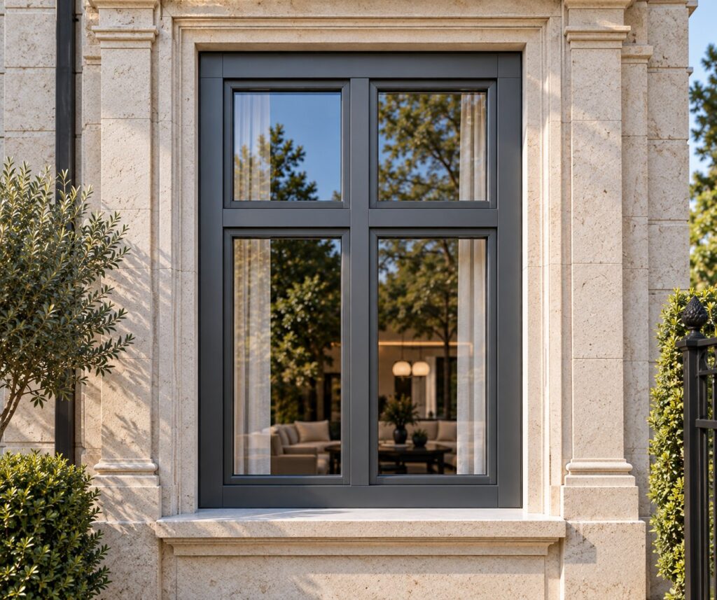 Fenêtre en bois lamellé-collé capotée à l’extérieur par des capots aluminium en système GUTMANN MIRA, finition anthracite, en façade de pierre