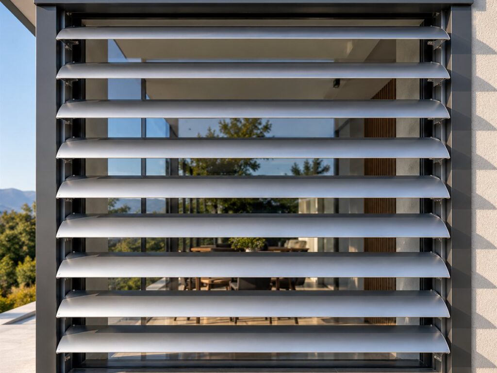 Brise-soleil à lames orientables en aluminium, posé devant une surface vitrée