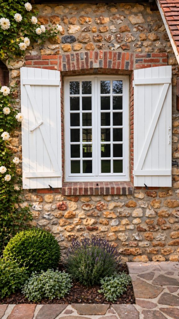 Fenêtre en bois lamellé-collé IV68, à deux vantaux avec petits-bois, posée en façade de pierre, avec volets blancs en bois