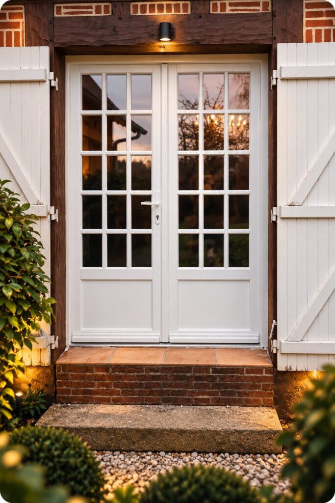 Porte à deux vantaux en bois lamellé-collé, construction IV68, partie haute vitrée à petits-bois, posée sur un bâtiment à ossature bois