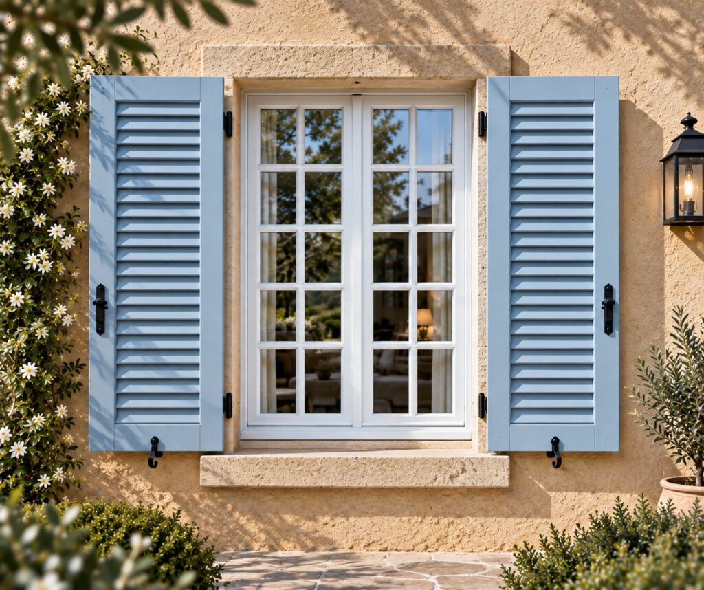 Volets en bois à lames, bleu clair, à quincaillerie noire, sur une fenêtre en bois à petits-bois