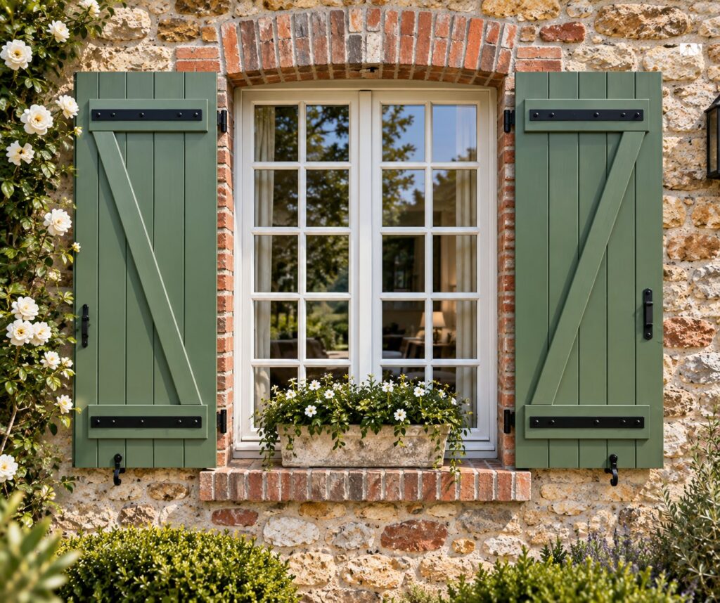 Volets en bois à panneau plein, verts, à quincaillerie noire forgée, sur une fenêtre en bois à petits-bois