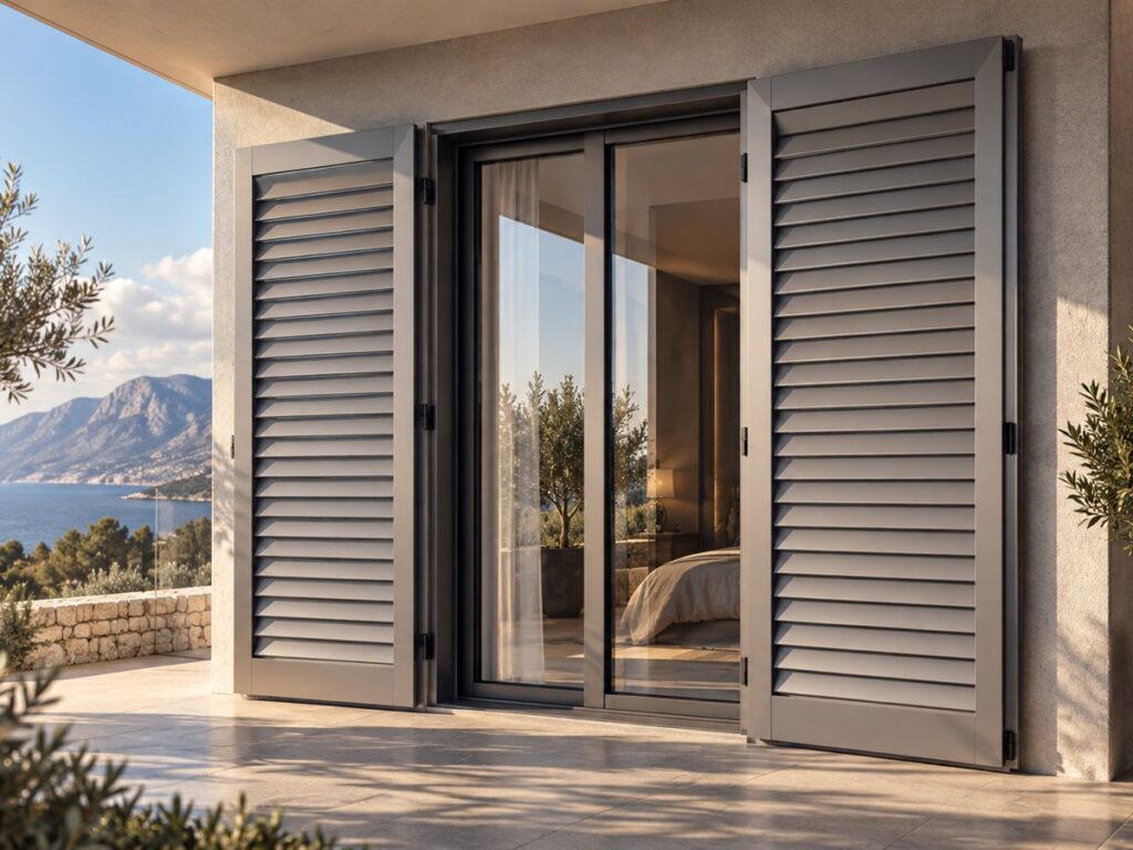 Persiennes mallorquines en aluminium, à lames, posées à côté d’une baie coulissante