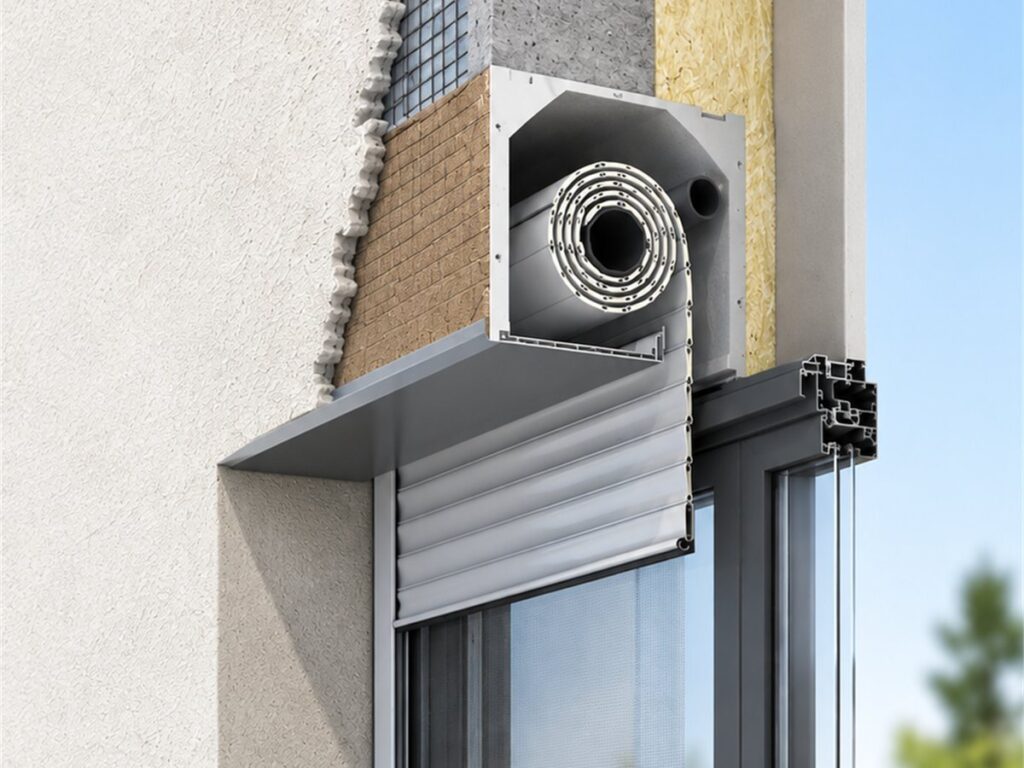 Coupe sur un volet roulant dont le coffre est dissimulé dans l’isolant, au-dessus d’une fenêtre en aluminium