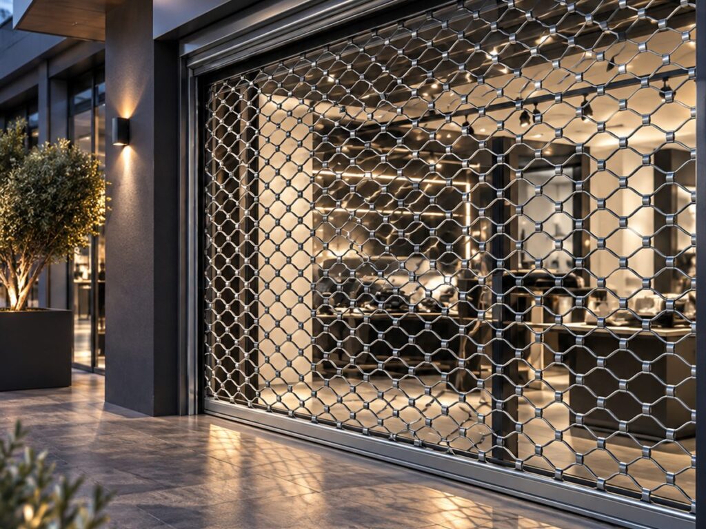 Grille métallique ornementale abaissée devant la vitrine d’un commerce