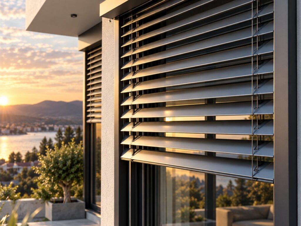 Brise-soleil orientable en aluminium, lames inclinées, sur une grande fenêtre au couchant