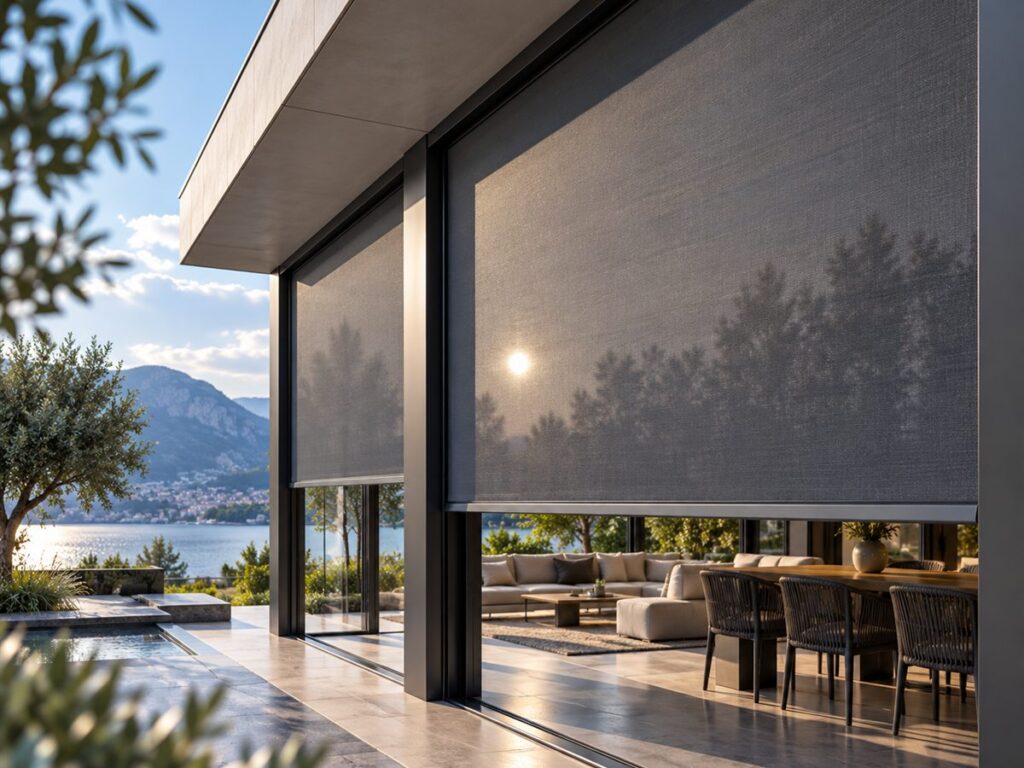 Stores Zipscreen descendus devant deux grandes baies vitrées, en toile grise