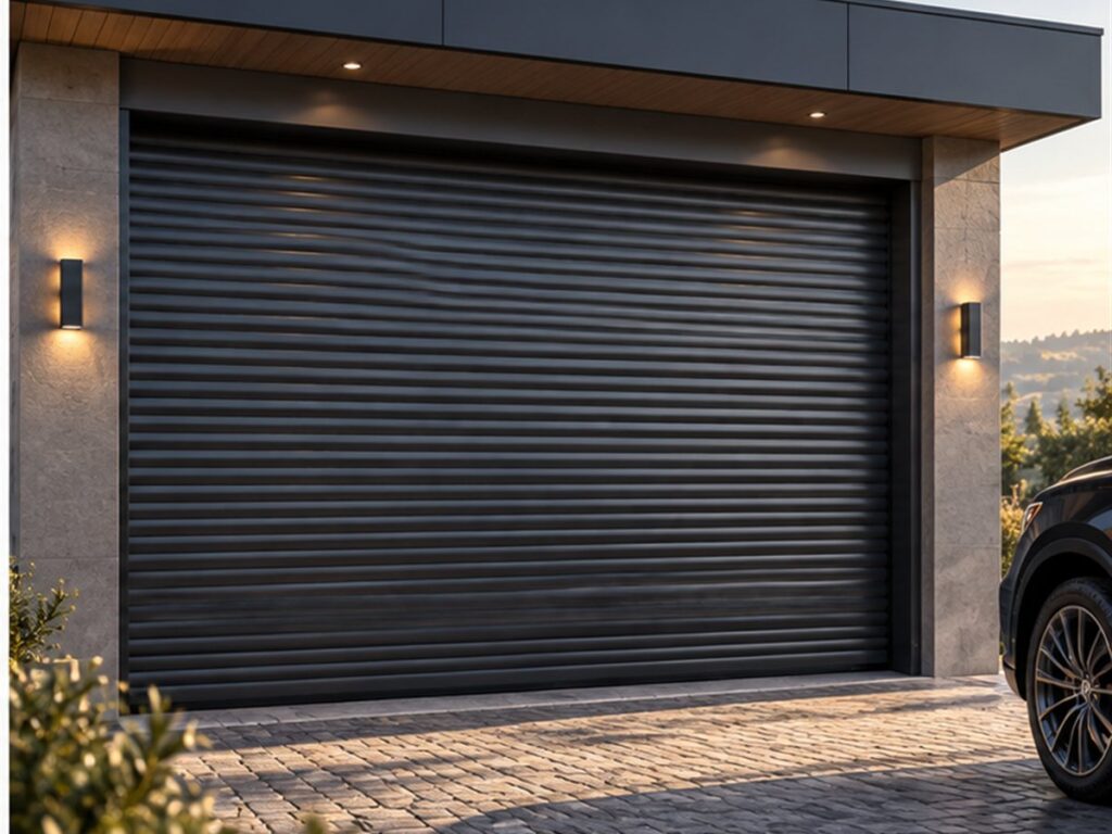 Porte de garage enroulable en aluminium, teinte anthracite